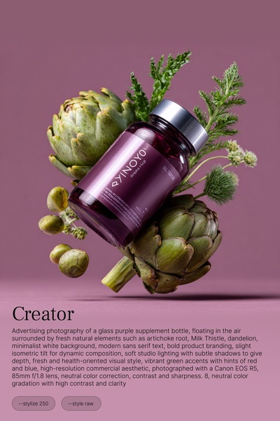 A high-resolution commercial photograph featuring a purple supplement bottle suspended in the air, surrounded by fresh artichoke root and herbs.